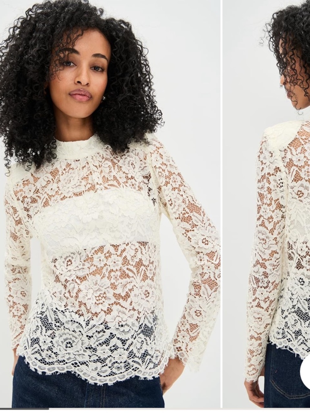 Wayf Cream Floral Lace Long-Sleeve Top